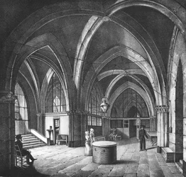 Vista interior de la sala de entrada en la prisión de la Conciergerie, grabado por Alphonse Urruty (1800-70) c.1831